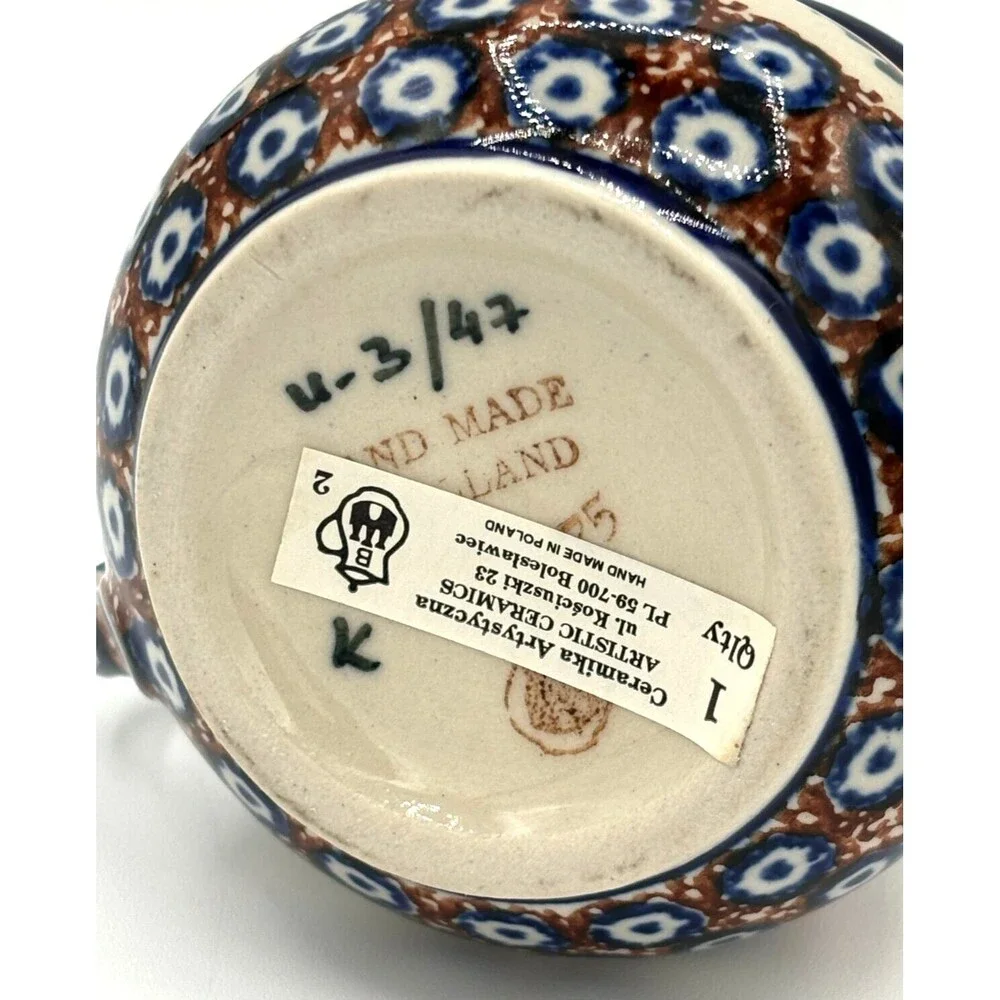 Polish Pottery Blue Rose Creamer & Sugar Bowl Artisan Made U-3/47 Signed Labeled